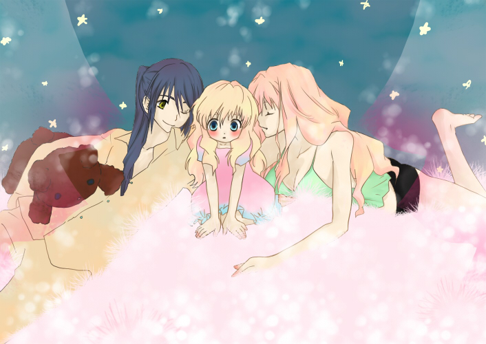 oka (thanmore3cm), saotome alto, sheryl nome, macross, macross frontier, bad id, bad pixiv id, 00s, 1boy, 2girls, barefoot, breasts, child, cleavage, multiple girls, one eye closed, wink