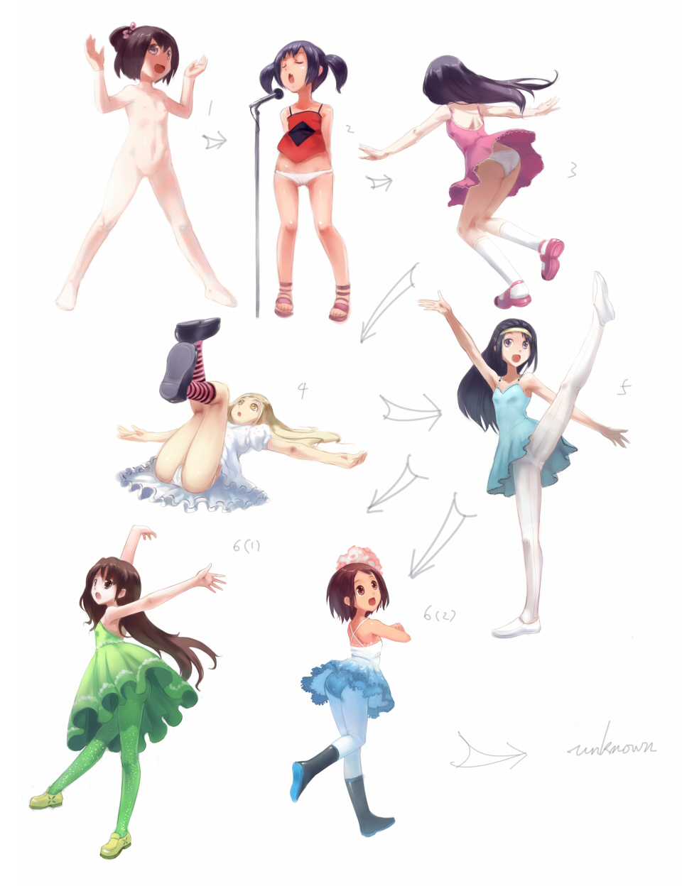 observerz, original, striped legwear, white legwear, bad id, highres, arrow (symbol), ass, ballerina, ballet, barefoot, boots, brown eyes, closed eyes, counting, dress, feet, hairband, kneehighs, legs up, loli, long hair, lying, microphone, microphone stand, nipples, nude, outstretched arms, panties, pantyhose, pantyshot, pussy, short hair, socks, spread arms, spread legs, striped clothes, striped socks, toes, twintails, underwear, yellow eyes