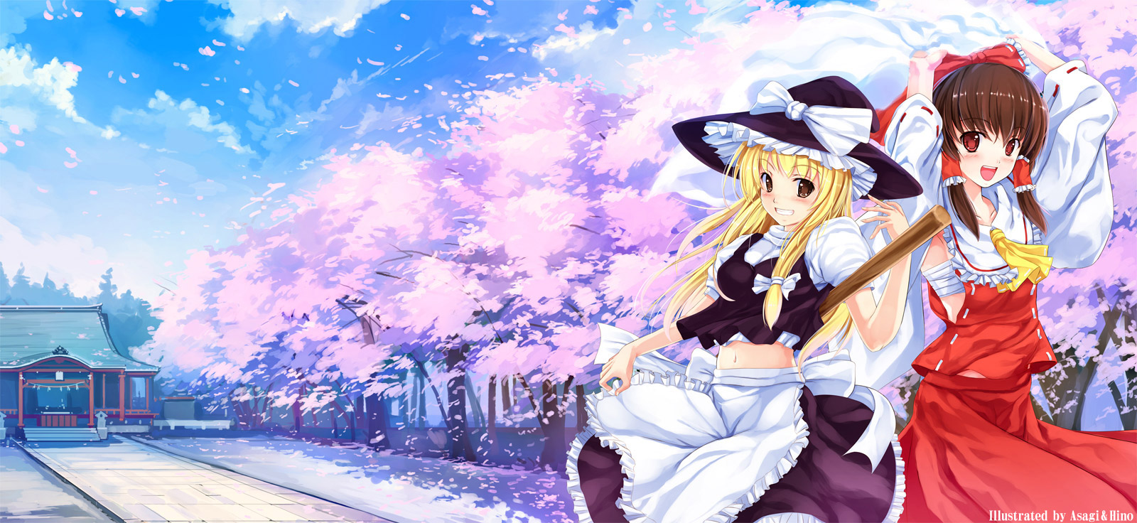 asagi jun, hakurei reimu, kirisame marisa, touhou, highres, 2girls, arms up, blonde hair, breasts, brown eyes, brown hair, cherry blossoms, female focus, midriff, multiple girls, nature, navel, outdoors, plant, red eyes, sarashi, shrine, skirt, sky, tree