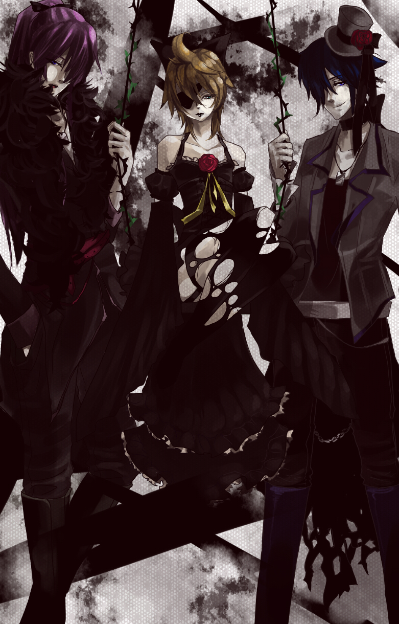 stxxcizm, kagamine len, kaito (vocaloid), kamui gakupo, imitation black (vocaloid), vocaloid, bad id, bad pixiv id, highres, 3boys, androgynous, black dress, black lips, black thighhighs, blonde hair, blue eyes, blue hair, crossdressing, crossdressing (mtf), dark, dress, elbow gloves, eyepatch, flower, gloves, green eyes, hair ribbon, hat, lipstick, long hair, makeup, male focus, mini hat, mini top hat, multiple boys, ponytail, purple hair, ribbon, rose, short hair, thighhighs, top hat, torn clothes, trap