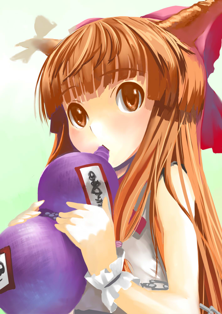 yaten, ibuki suika, touhou, bad id, bad pixiv id, 1girl, bow, female focus, gourd, gradient background, hair bow, horns, long hair, orange hair, solo, yellow eyes