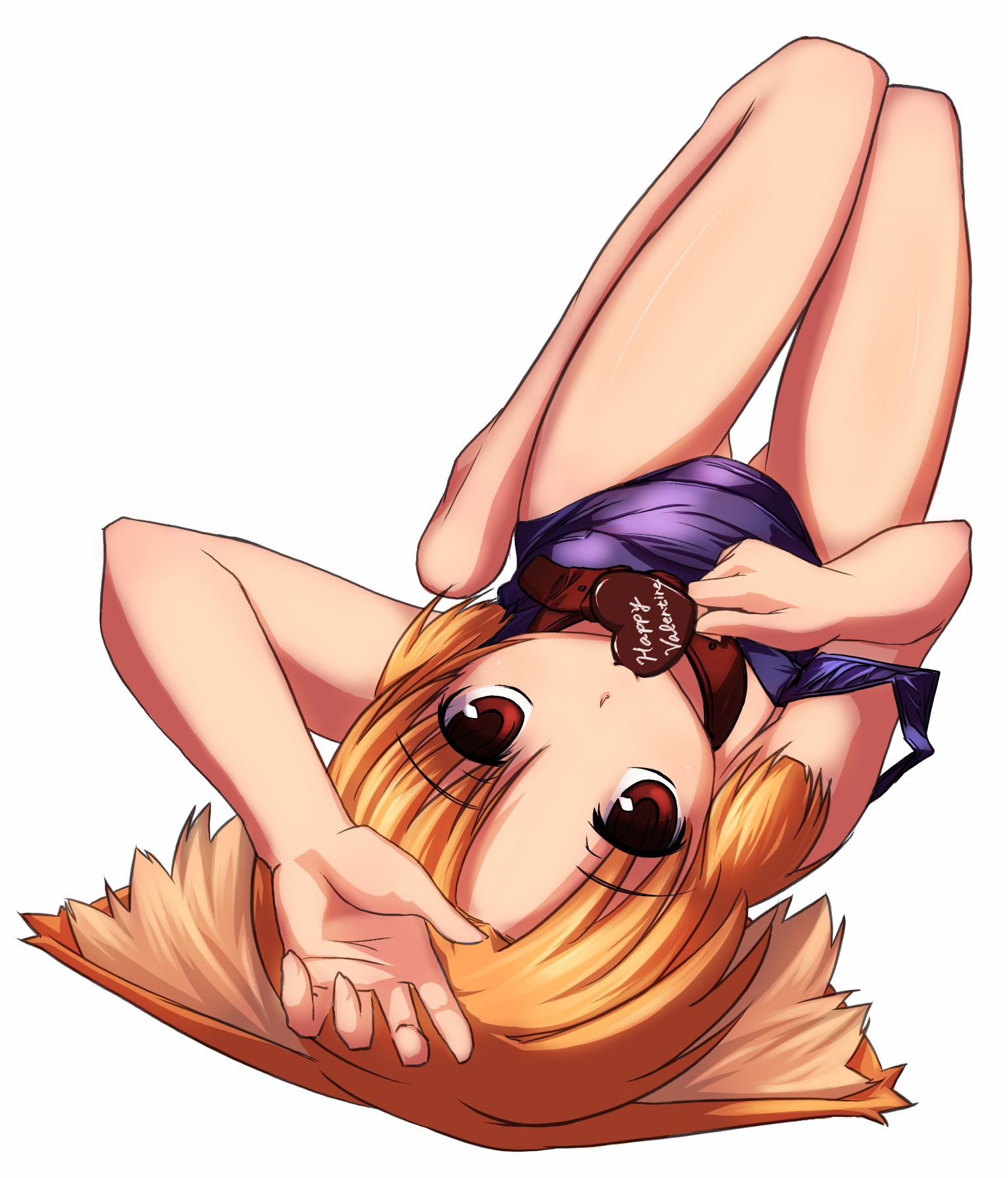 alta, oruta (owata saber), original, highres, 1girl, animal ears, barefoot, blonde hair, brown eyes, chocolate, collar, dog ears, female focus, foreshortening, hand on own head, heart, lying, on back, one-piece swimsuit, red eyes, school swimsuit, short hair, simple background, solo, strap slip, swimsuit, thigh gap, thighs, upside-down, valentine