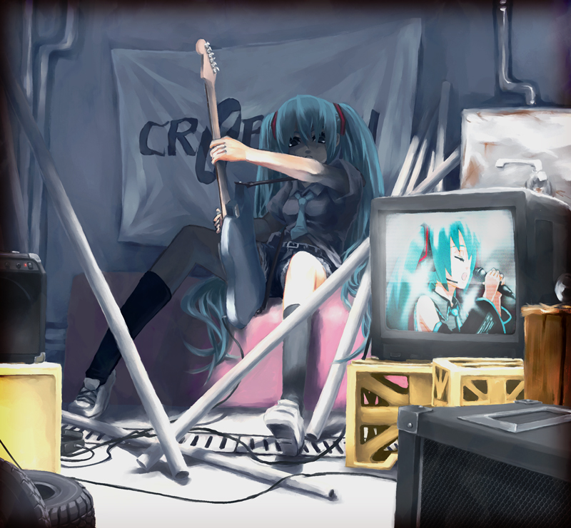 notequal, hatsune miku, vocaloid, bad id, bad pixiv id, aqua hair, blue eyes, detached sleeves, guitar, headset, instrument, long hair, microphone, necktie, shorts, sitting, socks, solo, twintails, u2260