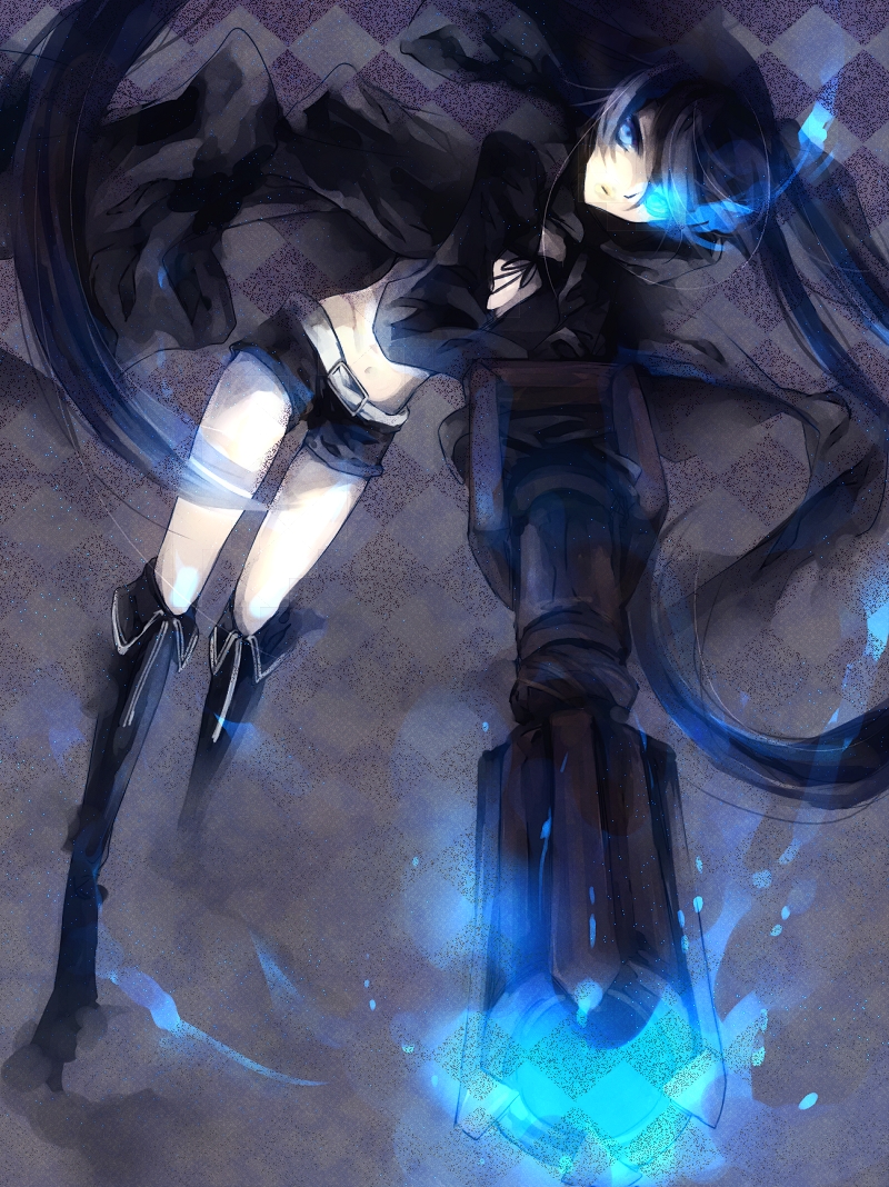 matsunaka hiro, nero (pixiv93653), black rock shooter (character), black rock shooter, vocaloid, bad id, bad pixiv id, 10s, 1girl, arm cannon, belt, bikini, bikini top only, black hair, blue eyes, boots, coat, female focus, glowing, glowing eyes, gun, long hair, midriff, navel, pale skin, scar, shorts, solo, swimsuit, twintails, weapon