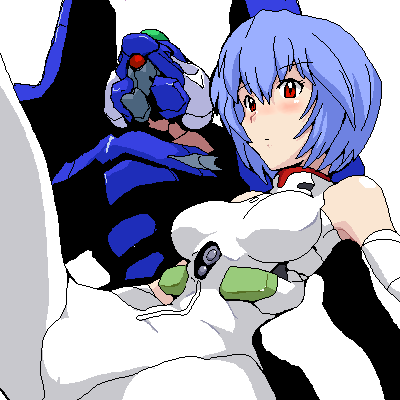 cl-55, ayanami rei, eva 00, neon genesis evangelion, lowres, blush, mecha, mecha pilot suit, oekaki, plugsuit (evangelion), robot, solo