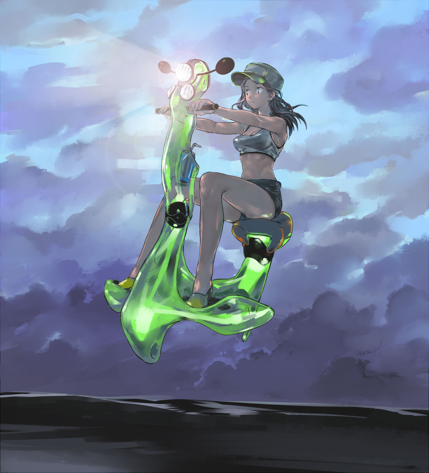 minamine kei, original, bad id, bad pixiv id, highres, 1girl, black eyes, black hair, breasts, female focus, flying, hat, long hair, medium breasts, midriff, science fiction, shorts, sky, solo