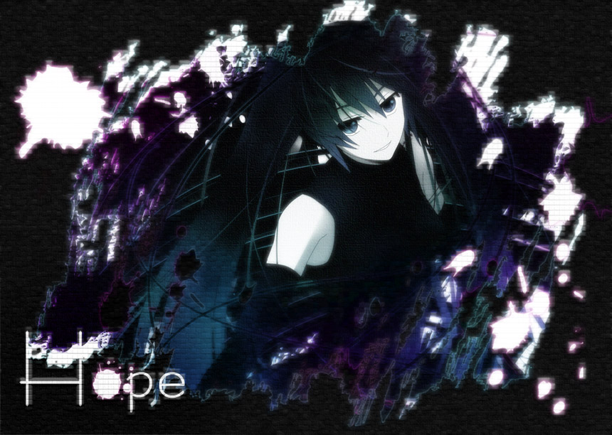 hope, setsu, hatsune miku, vocaloid, bad id, bad pixiv id, black eyes, black hair, elbow gloves, gloves, long hair, solo, twintails