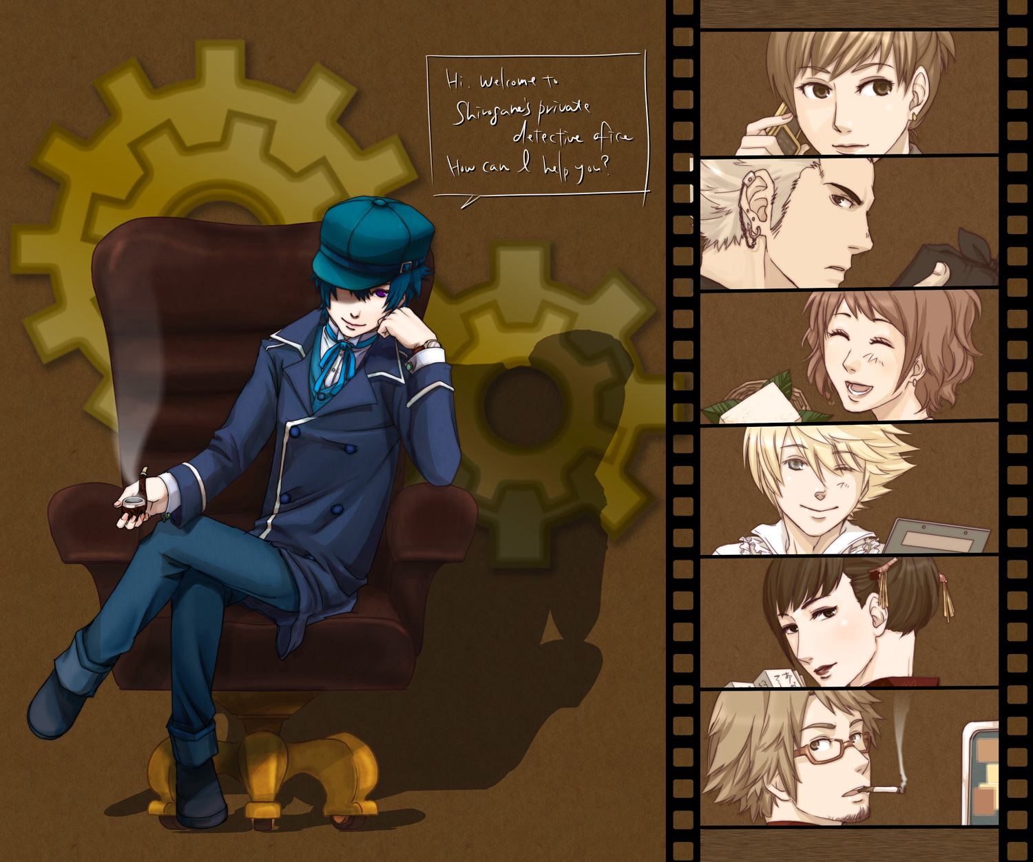 mizuno (hal0527), amagi yukiko, hanamura yousuke, kujikawa rise, kuma (persona 4), satonaka chie, shirogane naoto, tatsumi kanji, atlus, persona, persona 4, bad id, bad pixiv id, highres, 3boys, 4girls, aged up, androgynous, blue hair, cigarette, english text, glasses, hat, head rest, multiple boys, multiple girls, newsboy cap, reverse trap, sitting, smoking, smoking pipe