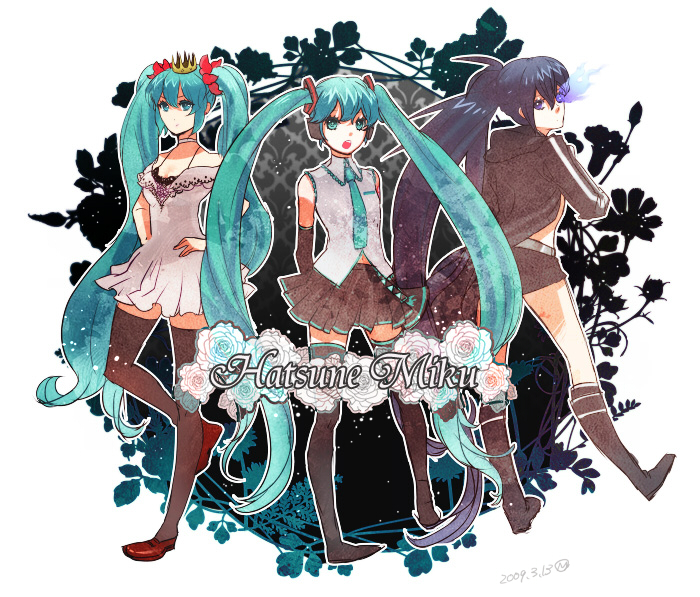 morishima (orpheus), morpheus, black rock shooter (character), hatsune miku, black rock shooter, vocaloid, world is mine (vocaloid), bad id, bad pixiv id, 10s, 3girls, aqua eyes, aqua hair, black hair, blue eyes, boots, coat, creator connection, detached sleeves, dress, glowing, glowing eyes, hair ribbon, headphones, long hair, multiple girls, multiple persona, necktie, ribbon, shorts, skirt, songover, thighhighs, twintails, very long hair, zettai ryouiki