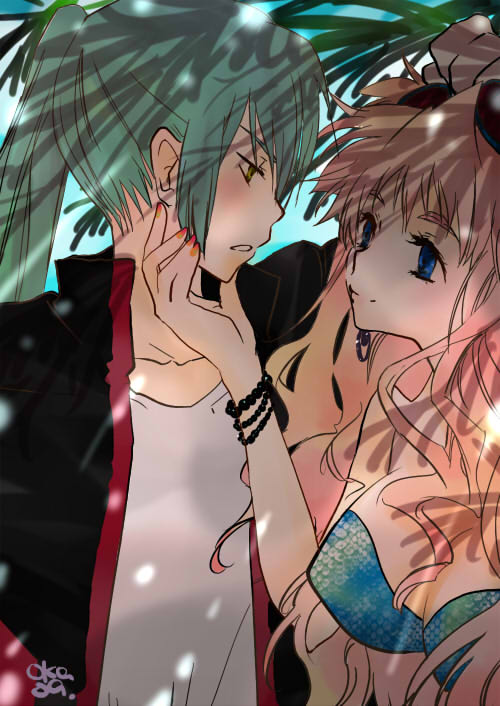 oka (thanmore3cm), saotome alto, sheryl nome, macross, macross frontier, silver hair, bad id, bad pixiv id, 00s, 1boy, 1girl, bikini, bikini top only, blue bikini, blue eyes, blush, breasts, cleavage, collarbone, dappled sunlight, day, eye contact, long hair, looking at another, medium breasts, outdoors, pink hair, shirt, sky, sunlight, swimsuit, t-shirt, upper body, very long hair