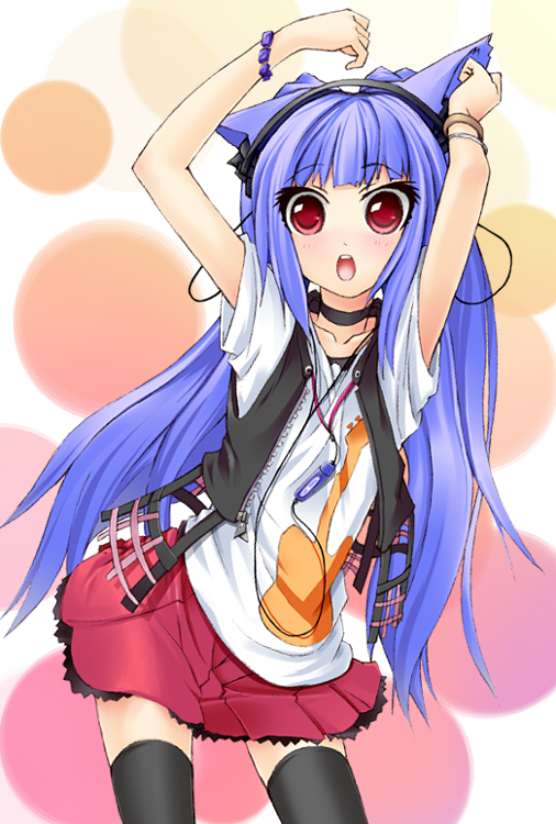 onegi, original, animal ears, arms up, blue hair, bracelet, cat ears, choker, digital media player, digital walkman, hairband, headphones, jewelry, long hair, red eyes, skirt, solo, thighhighs, vest, walkman nw-s203f, zettai ryouiki