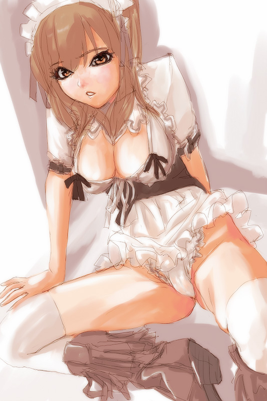 nana-shi hostler, nanaashi, original, 1girl, arm support, boots, breasts, brown eyes, brown hair, cleavage, corset, dress, female focus, frilled panties, frills, headdress, large breasts, long hair, maid, maid headdress, panties, pantyshot, sitting, sketch, skirt, solo, thighhighs, underwear, white dress, white panties, white skirt, white thighhighs