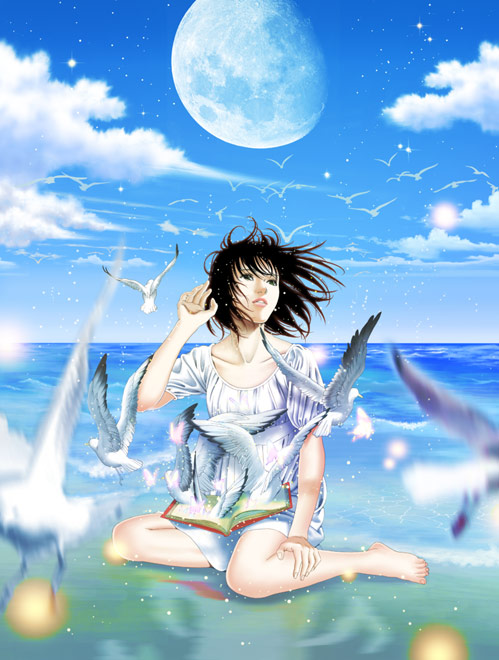 fukuoka asahi, original, 1girl, barefoot, bird, black hair, blue sky, book, cloud, cloudy sky, collarbone, dress, female focus, full moon, hand up, lips, looking to the side, looking up, moon, ocean, open book, outdoors, parted lips, puffy short sleeves, puffy sleeves, seagull, short hair, short sleeves, sitting, sky, solo, water, white dress, wind, yokozuwari