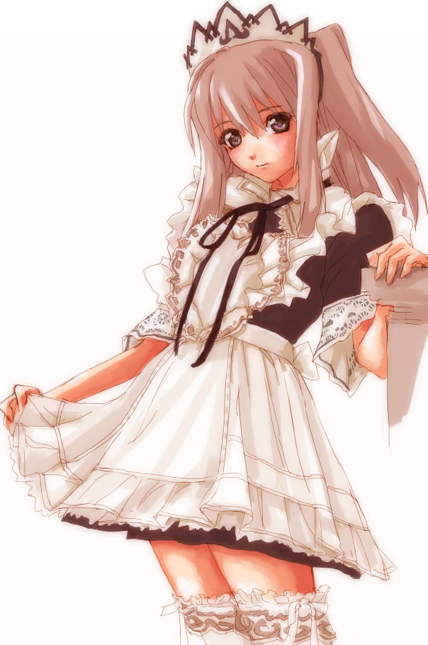 nana-shi hostler, nanaashi, original, silver hair, 1girl, apron, black dress, dress, female focus, frilled thigh strap, grey eyes, headdress, long hair, maid, maid apron, sketch, solo, standing, thigh strap, thighhighs, white thighhighs, zettai ryouiki