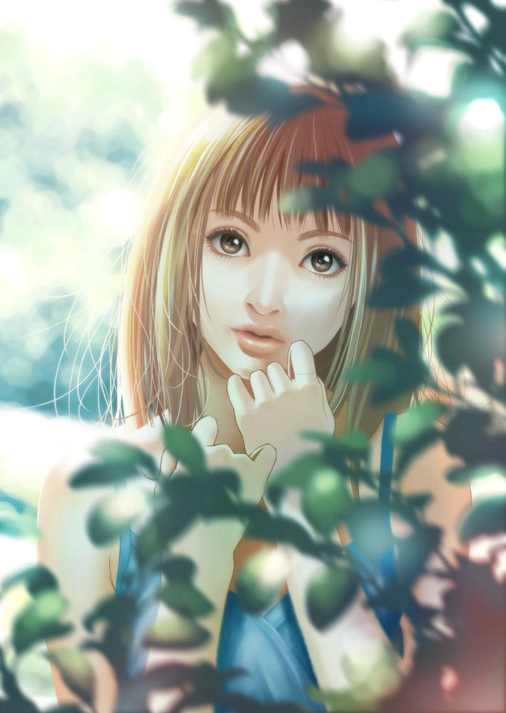 fukuoka asahi, original, brown eyes, brown hair, leaf, lips, long hair, solo