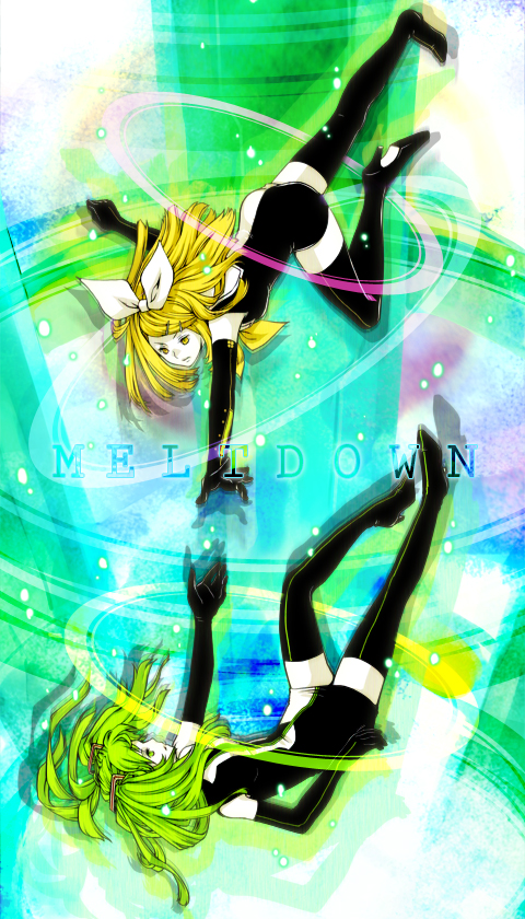 nanarinca, hatsune miku, hatsune miku (roshin yuukai/nitamagomix), kagamine rin, meltdown, roshin yuukai (vocaloid), vocaloid, black thighhighs, blonde hair, boots, dress, elbow gloves, gloves, green eyes, green hair, hair ornament, hair ribbon, hairclip, long hair, ribbon, sailor dress, thigh boots, thighhighs, twintails, yellow eyes, zettai ryouiki