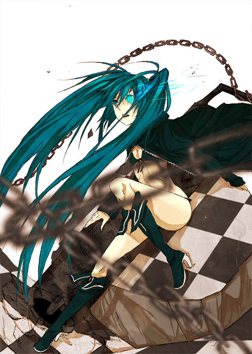 arizumi, black rock shooter (character), hatsune miku, black rock shooter, vocaloid, bad id, bad pixiv id, aqua eyes, aqua hair, bikini, bikini top only, black rock shooter (cosplay), boots, chain, cosplay, flat chest, glowing, glowing eyes, long hair, midriff, navel, shorts, solo, swimsuit, twintails