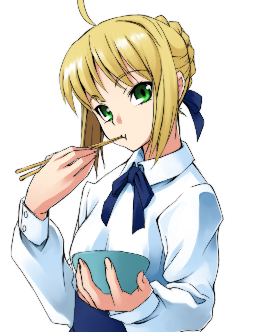 nirohi, artoria pendragon (fate), saber (fate), fate/stay night, fate (series), 00s, ahoge, blonde hair, blouse, bowl, chopsticks, eating, green eyes, hair ribbon, ribbon, shirt, simple background, solo