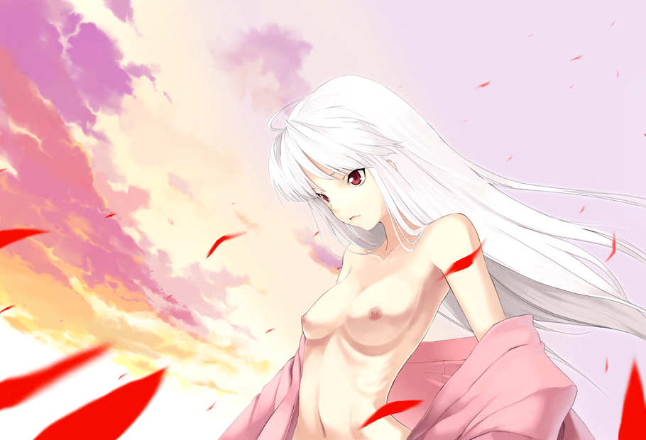 nirohi, original, bad id, bad pixiv id, 1girl, albino, breasts, cloud, female focus, large breasts, long hair, navel, nipples, red eyes, sky, solo, undressing, white hair