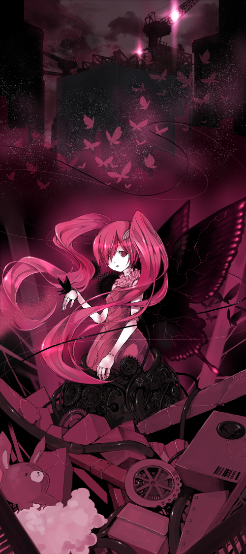 kirin (tofu), hatsune miku, vocaloid, bad id, bad pixiv id, 1girl, bug, butterfly, butterfly wings, doll, doll joints, dress, female focus, hair over one eye, insect, insect wings, joints, long hair, pink eyes, pink hair, solo, twintails, wings