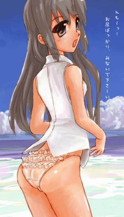 nana-shi hostler, nanaashi, original, silver hair, 1girl, ass, back, blouse, blush, bottomless, female focus, frilled panties, frills, grey eyes, long hair, looking back, no pants, panties, shirt, sketch, sleeveless, solo, standing, underwear, white panties