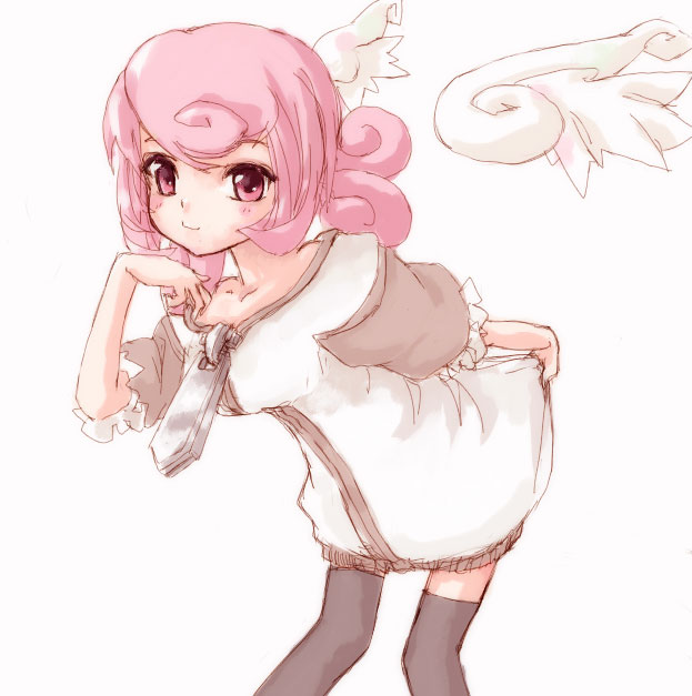 nana-shi hostler, nanaashi, original, 1girl, black thighhighs, blush, dress, female focus, leaning forward, long hair, pink eyes, pink hair, sketch, skirt, solo, thighhighs, white dress, white skirt, wings