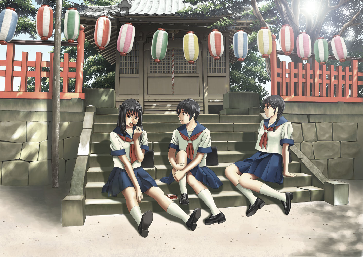 fukuoka asahi, original, white legwear, 3girls, bag, black eyes, black hair, braid, eating, kneehighs, lantern, long hair, multiple girls, paper lantern, satchel, school uniform, serafuku, short hair, shrine, shrine bell, sitting, sitting on stairs, skirt, slice of life, socks, stairs, sunlight