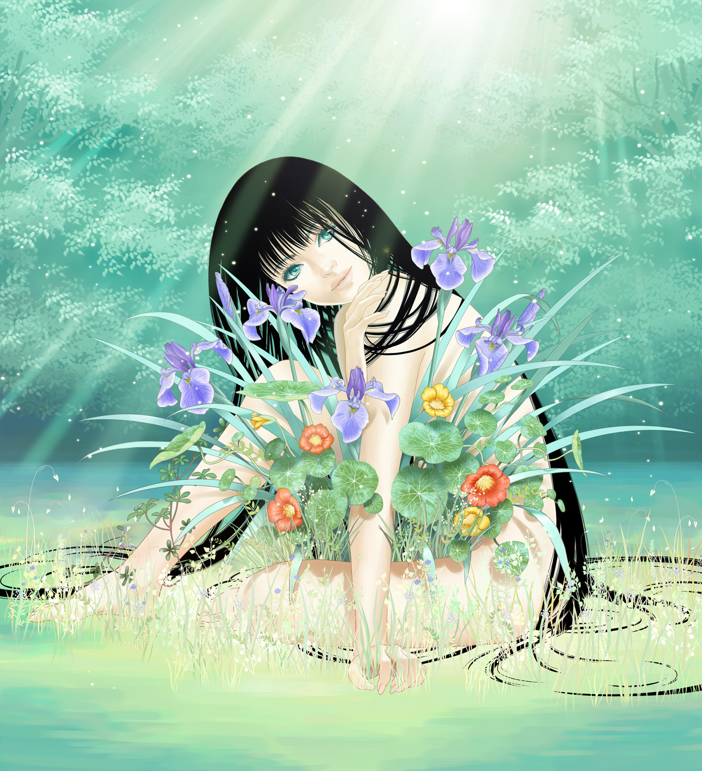 fukuoka asahi, original, highres, barefoot, black hair, flower, green eyes, lips, long hair, nature, nude, solo