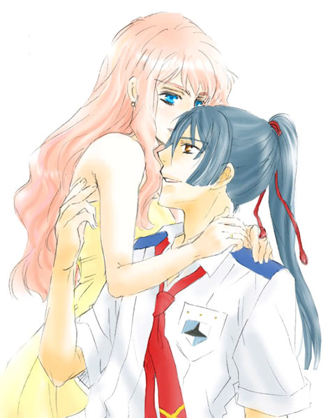 ussu, saotome alto, sheryl nome, macross, macross frontier, uniform, 00s, 1boy, 1girl, :d, bare shoulders, black hair, blue eyes, blush, brown eyes, couple, dress, earrings, emblem, hand up, hetero, hug, jewelry, long hair, looking to the side, necktie, open mouth, pink hair, ponytail, red necktie, shirt, short sleeves, simple background, sleeveless, sleeveless dress, smile, upper body, white background, white shirt, yellow dress