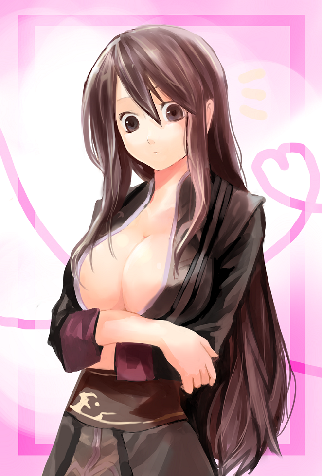 aruinn, yuri lowell, tales of (series), tales of vesperia, 00s, 1girl, black eyes, black hair, breasts, cleavage, female focus, genderswap, genderswap (mtf), heart, heart of string, large breasts, long hair, open clothes, open shirt, shirt, solo
