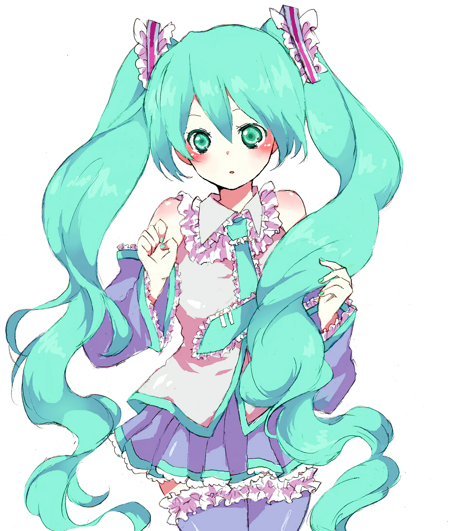 hatsune miku, vocaloid, bad id, bad pixiv id, 1girl, aqua eyes, aqua hair, aqua nails, detached sleeves, female focus, frills, long hair, nail polish, necktie, simple background, skirt, solo, thighhighs, twintails, zettai ryouiki