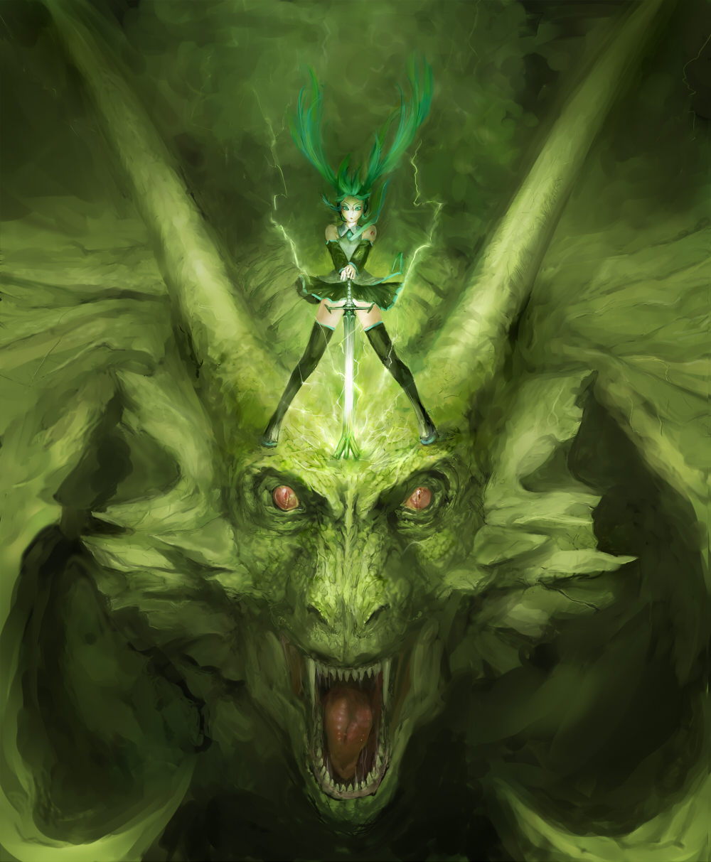 anio aniyama, hatsune miku, vocaloid, highres, 1girl, aqua eyes, aqua hair, censored, convenient censoring, detached sleeves, dragon, epic, female focus, green theme, headphones, headset, long hair, monster, necktie, skirt, solo, spring onion, sword, thighhighs, twintails, weapon, zettai ryouiki