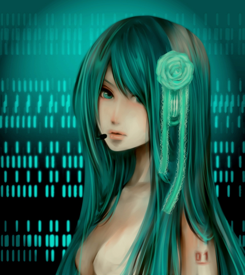 ririneko, hatsune miku, vocaloid, bad id, bad pixiv id, 1girl, alternate hairstyle, aqua eyes, aqua flower, aqua hair, aqua rose, breasts, cleavage, female focus, flower, hair ribbon, headset, long hair, nude, ribbon, rose, solo, upper body