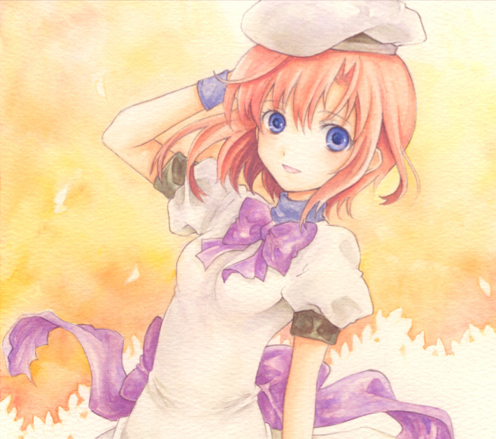 io3oi, ousaka nozomi, ryuuguu rena, higurashi no naku koro ni, bad id, bad pixiv id, painting (medium), traditional media, watercolor (medium), 00s, 1girl, adjusting hair, beret, blue eyes, bow, dress, female focus, floating hair, hat, light smile, looking at viewer, orange hair, short hair, short sleeves, smile, solo, turtleneck, wristband