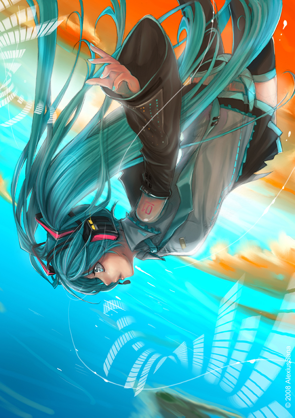 alexius sana, alexiussana, sana (pixiv), hatsune miku, vocaloid, bad id, bad pixiv id, 1girl, aqua eyes, aqua hair, aqua nails, detached sleeves, falling, female focus, headphones, headset, long hair, nail polish, necktie, skirt, sky, solo, thighhighs, twintails, very long hair, zettai ryouiki