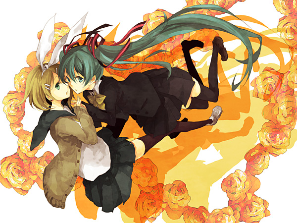 acht, sabutarou, hatsune miku, kagamine rin, vocaloid, bad id, bad pixiv id, 2girls, aqua eyes, aqua hair, black thighhighs, blonde hair, cardigan, flower, hair ornament, hair ribbon, hairclip, holding hands, long hair, multiple girls, ribbon, rose, skirt, thighhighs, twintails, zettai ryouiki
