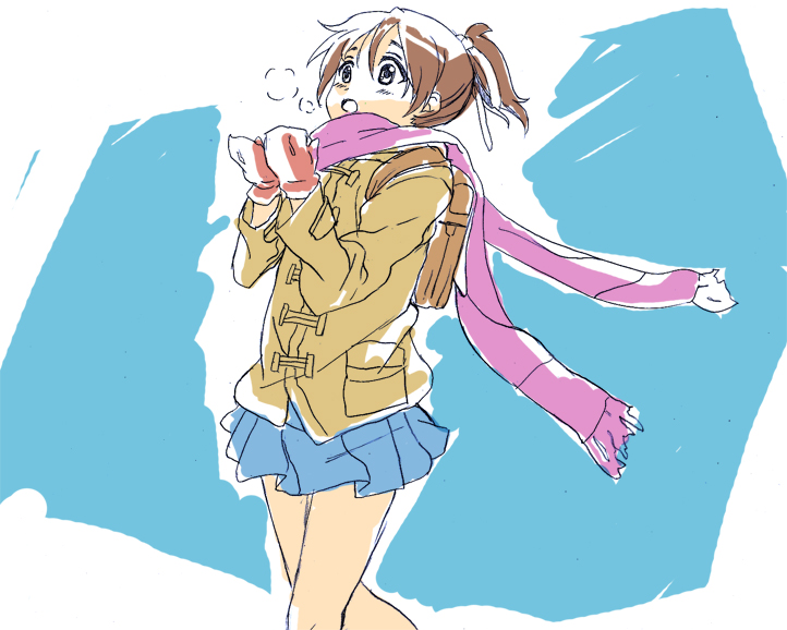 hareta, seita, hirasawa ui, k-on!, 00s, 1girl, :o, backpack, bag, blue skirt, blush, breath, brown coat, brown hair, coat, cowboy shot, female focus, flat color, grey eyes, hair ribbon, long sleeves, mittens, multiple tails, open mouth, pink scarf, pleated skirt, pocket, ponytail, red mittens, ribbon, scarf, short hair, sketch, skirt, solo, tail, tareme, two tails, white ribbon, winter clothes, winter coat