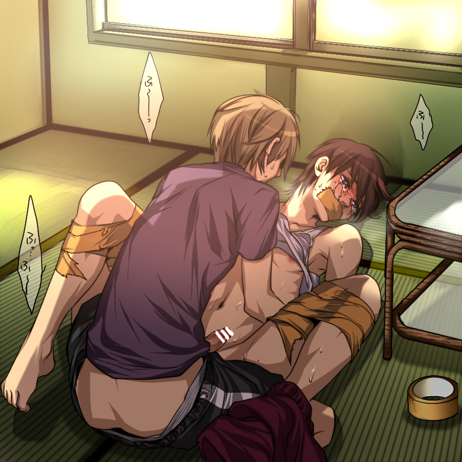 makuro, 2boys, anal, barefoot, bdsm, blue eyes, blush, bondage, bottomless, bound, brown hair, censored, classroom, clothed on nude, clothes lift, feet, forced, frogtie, gag, improvised gag, lying, male focus, male penetrated, multiple boys, nipples, on back, on floor, penis, pointless censoring, rape, school, sex, shirt lift, short sleeves, sitting, sweat, tape, tape gag, tears, toe scrunch, toes, yaoi