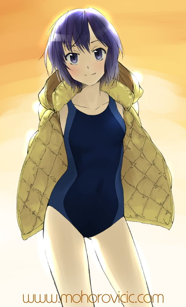 kujou hyotarouo, nanasaki ai, amagami, original, backlighting, coat, competition swimsuit, jacket, one-piece swimsuit, short hair, solo, swimsuit, swimsuit under clothes