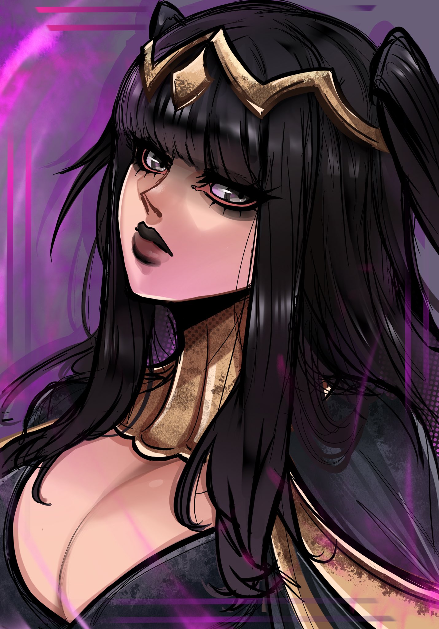 zantetsukennn, tharja (fire emblem), fire emblem, fire emblem awakening, nintendo, highres, 1girl, black eyes, black hair, black lips, blunt bangs, bodystocking, breasts, cape, cleavage, closed mouth, large breasts, long hair, looking at viewer, purple eyes, solo, tiara, two side up, upper body