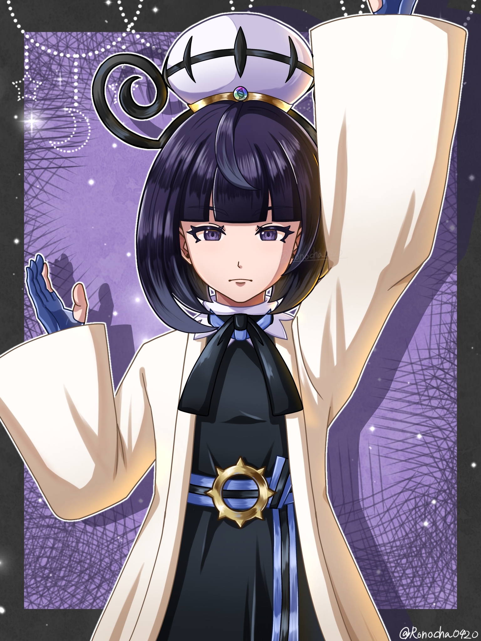 chronoroku, gwynn (pokemon), nintendo, pokemon, pokemon legends: z-a, commentary request, highres, 1girl, arm up, belt, black dress, black hair, black ribbon, blue belt, blue gloves, blunt bangs, closed mouth, coat, dress, eyelashes, gloves, grey eyes, hand up, hat, long hair, long sleeves, looking at viewer, neck ribbon, open clothes, open coat, partially fingerless gloves, ribbon, solo, twitter username, upper body, white coat