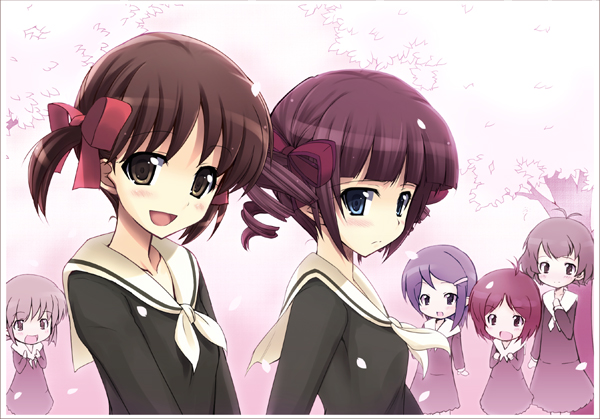 shiwo, fukuzawa yumi, matsudaira touko, maria-sama ga miteru, 00s, 6+girls, blue eyes, brown eyes, brown hair, drill hair, hair ornament, hairpin, multiple girls, purple hair, school uniform, twintails