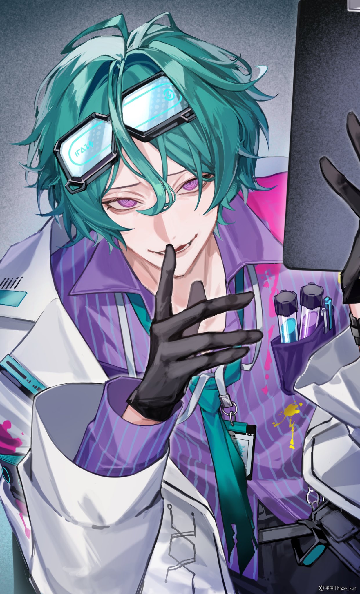 hnzw kun, first stage production, highres, 1boy, black gloves, elias delborne, eyewear on head, finger to mouth, gloves, jacket, long sleeves, looking at viewer, necktie, open mouth, purple eyes, shushing, white jacket
