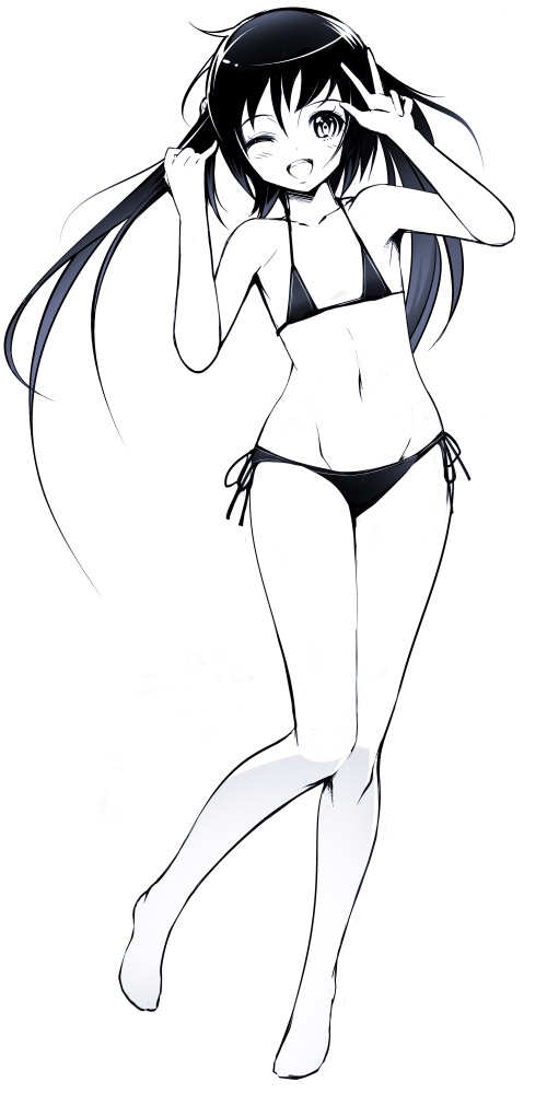 ichimatsu akebi, 1girl, barefoot, bikini, female focus, flat chest, greyscale, long hair, monochrome, one eye closed, solo, swimsuit, twintails, v, wide hips, wink