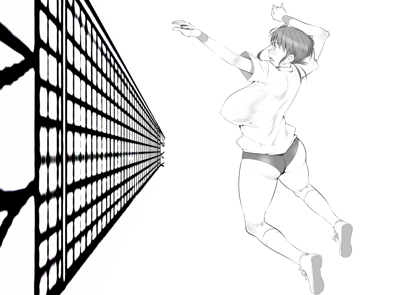 oinari (inarizushi), bad id, bad pixiv id, character request, copyright request, highres, ass, breasts, buruma, covered erect nipples, greyscale, gym uniform, huge breasts, jumping, monochrome, playing sports, sideboob, solo, volleyball, volleyball net, wristband