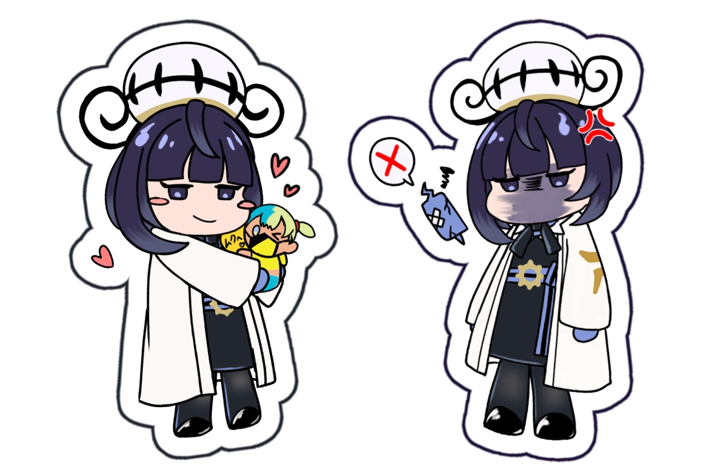 chronoroku, gwynn (pokemon), rotom, rotom phone, nintendo, pokemon, pokemon legends: z-a, commentary request, 1girl, anger vein, belt, black dress, black hair, black ribbon, blue belt, blue gloves, blunt bangs, blush stickers, canari plush (pokemon), character doll, chibi, chibi only, closed mouth, coat, doll, dress, eyelashes, full body, gen 4 pokemon, gloves, grey eyes, hand up, hat, heart, holding, holding doll, long hair, long sleeves, multiple views, neck ribbon, open clothes, open coat, partially fingerless gloves, ribbon, spoken x, squiggle, white background, white coat