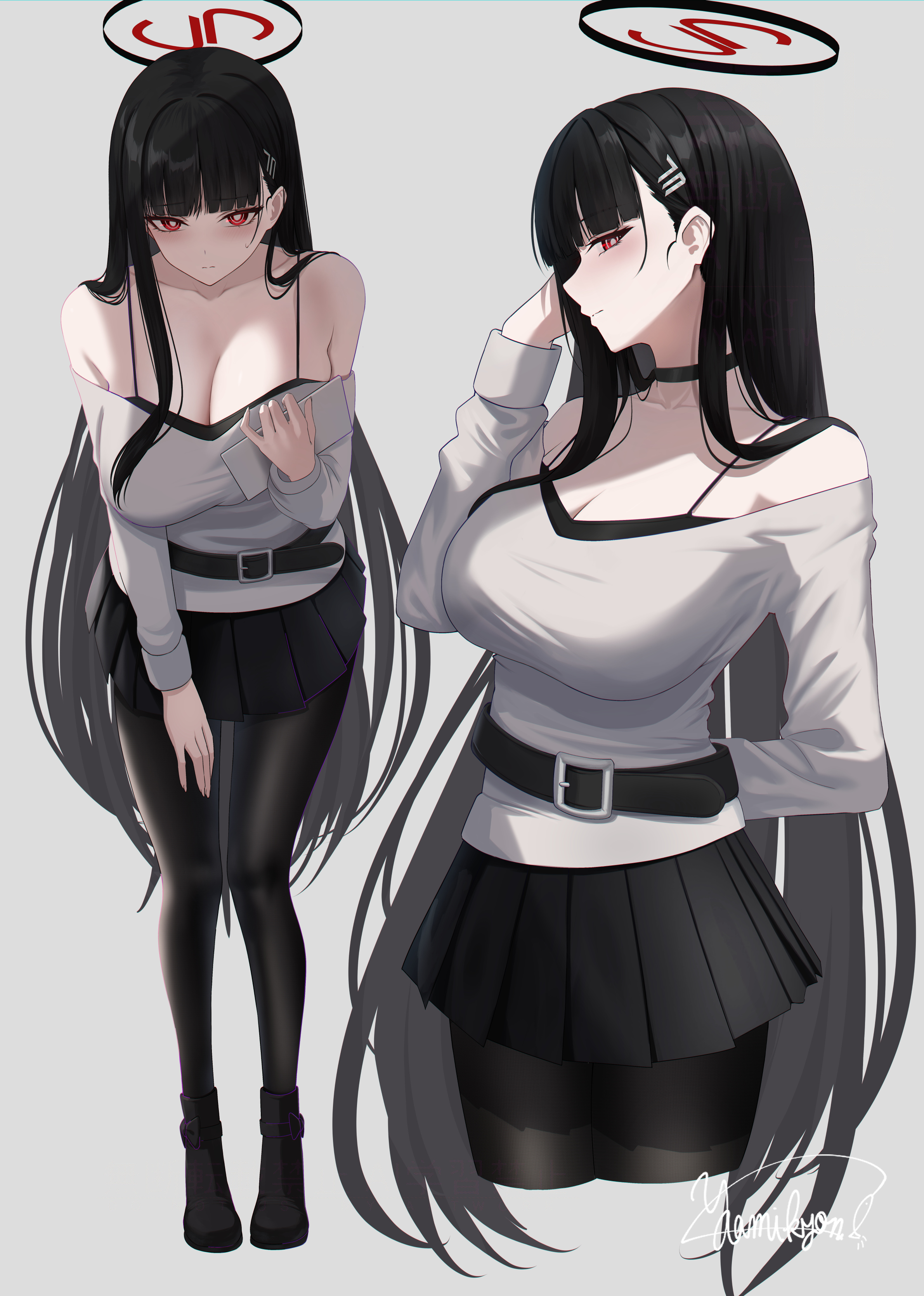 yamikyon, rio (blue archive), blue archive, absurdres, highres, 1girl, alternate costume, bare shoulders, belt, black belt, black choker, black hair, black pantyhose, black skirt, blush, breasts, bright pupils, choker, cleavage, hair ornament, hairclip, halo, large breasts, long hair, looking at viewer, millennium science school logo, off-shoulder sweater, off shoulder, pantyhose, pleated skirt, red eyes, skirt, solo, spaghetti strap, sweater, very long hair, white pupils
