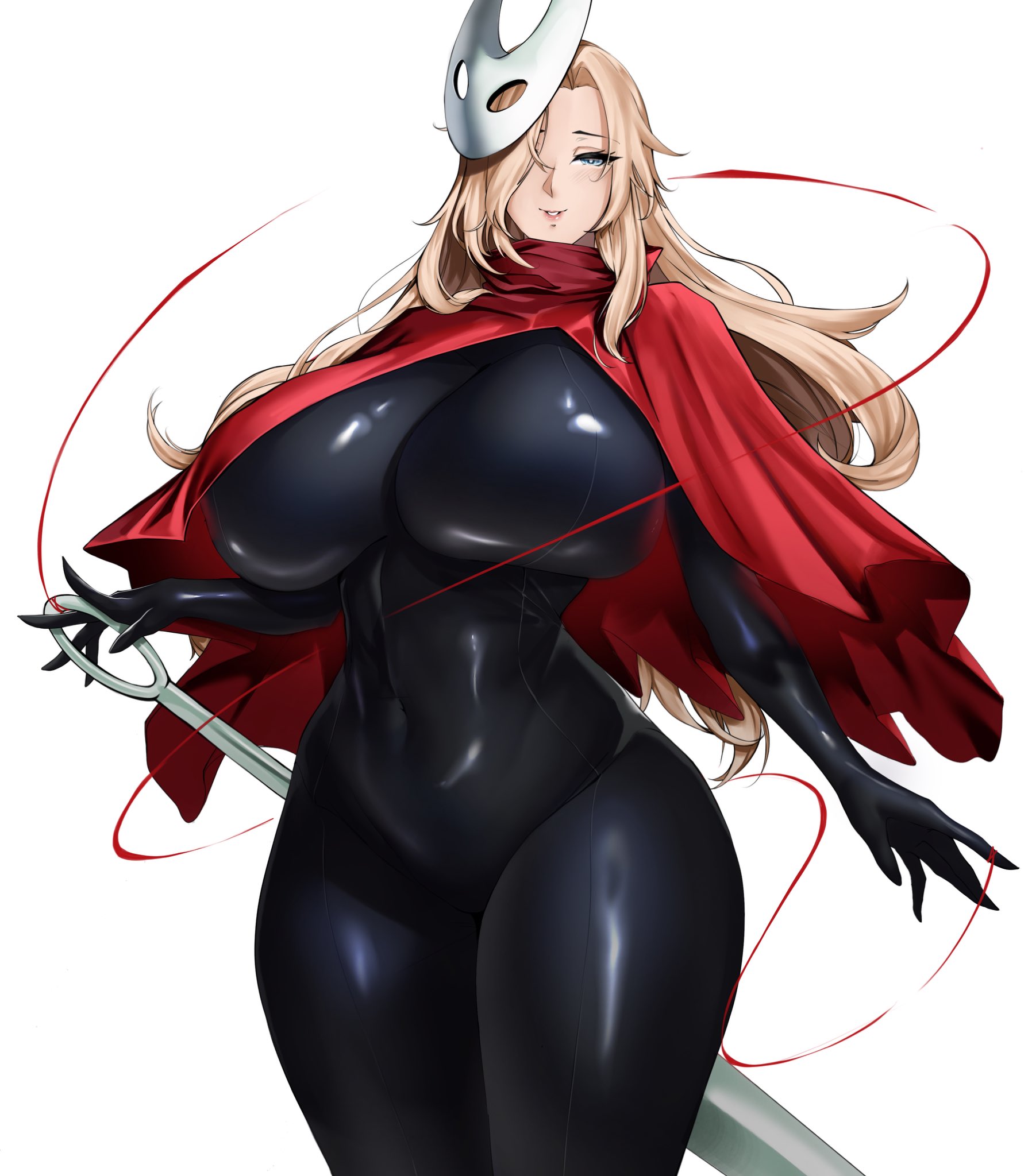z enatsu, hornet (hollow knight), hornet (kancolle), hollow knight, hollow knight: silksong, kantai collection, black bodystocking, commentary, english commentary, highres, 1girl, alternate breast size (larger), black bodysuit, blonde hair, blue eyes, bodysuit, breasts, character mask, cloak, cosplay, cowboy shot, holding, holding weapon, horned mask, hornet (hollow knight) (cosplay), huge breasts, latex, latex bodysuit, long hair, mask, mask on head, name connection, needle (hollow knight), red cloak, weapon, white mask
