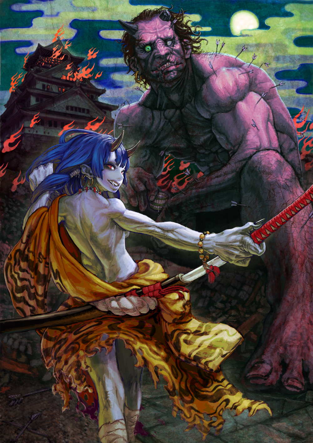 jonpei, highres, 1boy, 1girl, arrow (projectile), back, bandages, bare back, black hair, blue hair, blue oni, blue skin, breasts, castle, colored skin, demon girl, earrings, fangs, fingernails, fire, giant, grey skin, heterochromia, horns, injury, jewelry, katana, lips, medium breasts, moon, muscular, nail (hardware), necklace, oni, ootachi, ponytail, purple skin, red eyes, red oni, scar, scowl, sheath, sideboob, snarl, sword, topless female, unsheathing, weapon