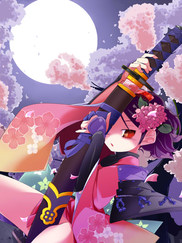 yomi (artist), momohime, oboro muramasa, cherry blossoms, hat, japanese clothes, katana, kimono, moon, nature, ootachi, orange eyes, purple hair, sheath, solo, sword, unsheathing, weapon
